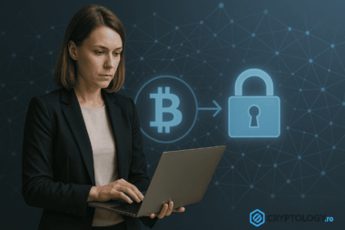 A realistic landscape-oriented photo (max width 1200px) depicting a modern financial or tech environment. Include at least one European-looking white adult interacting with digital financial technology on a laptop or smartphone, set in a well-lit, urban or indoor setting that suggests innovation, decentralization, or digital economy. The photo should look natural, not staged, and should not contain any text or graphic overlays.